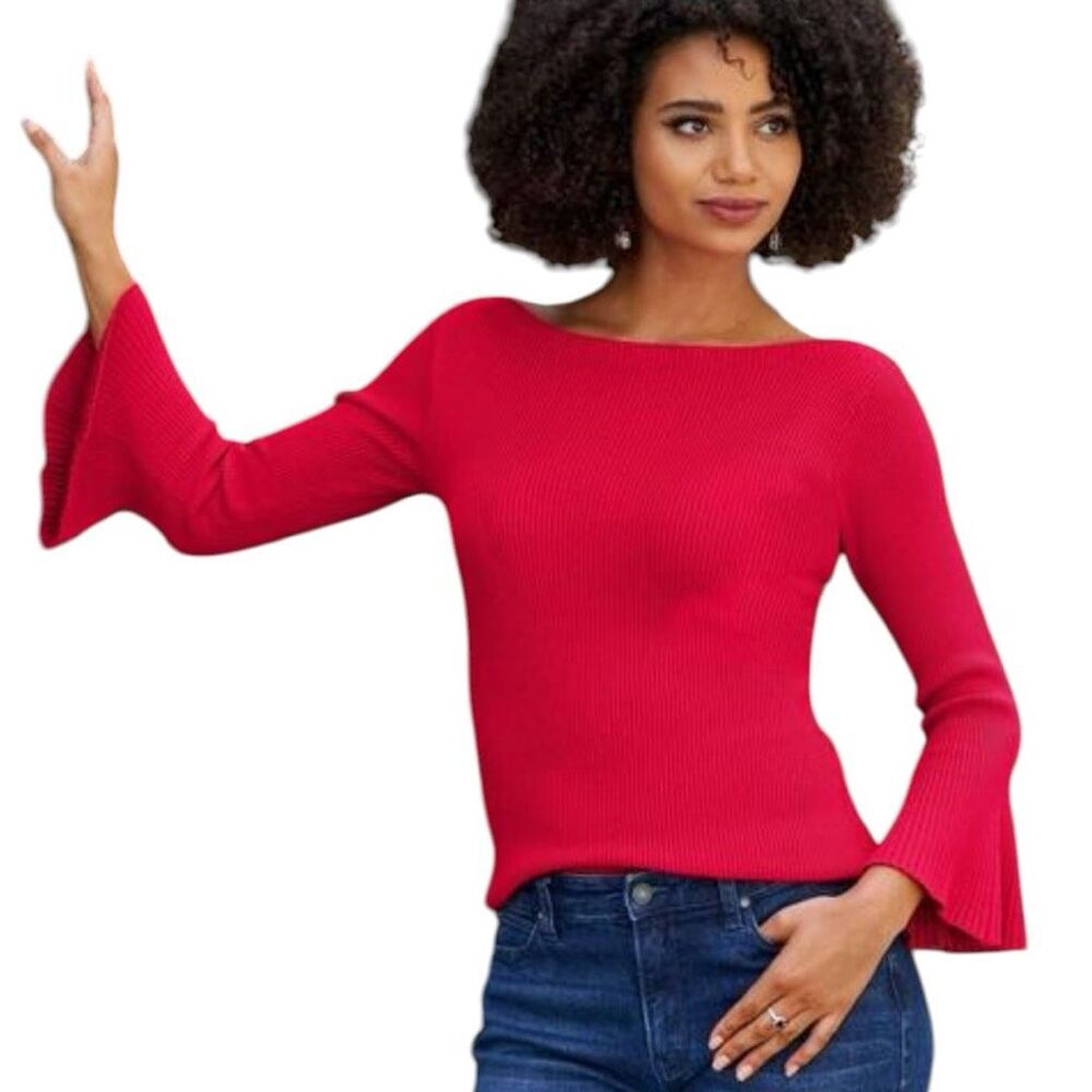 Boston Proper Ribbed Boatneck Flared Sleeve Sweater Size Medium Red Lollipop